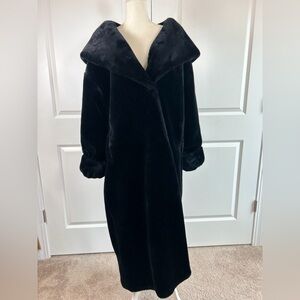 Vintage USA MONTEREY Fashions Black Teddy Faux Fur Hooded Full Length Coat Large
